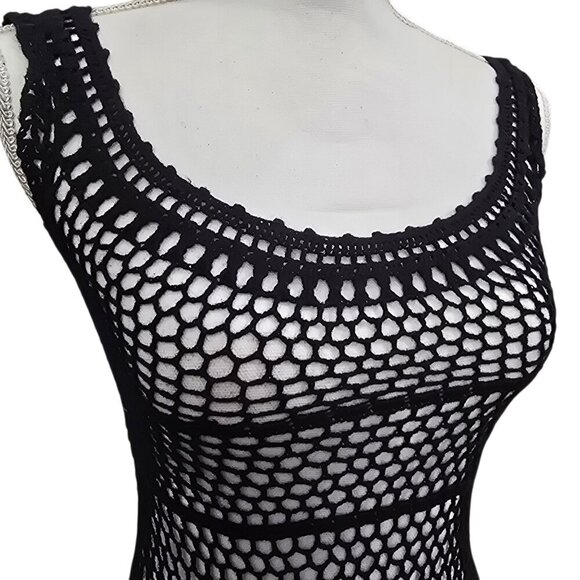 Roxy Crochet Tank ✦ Black Open-Knit Mesh ✦ Scoop Neck Boho Festival Layering XS - Picture 2 of 7